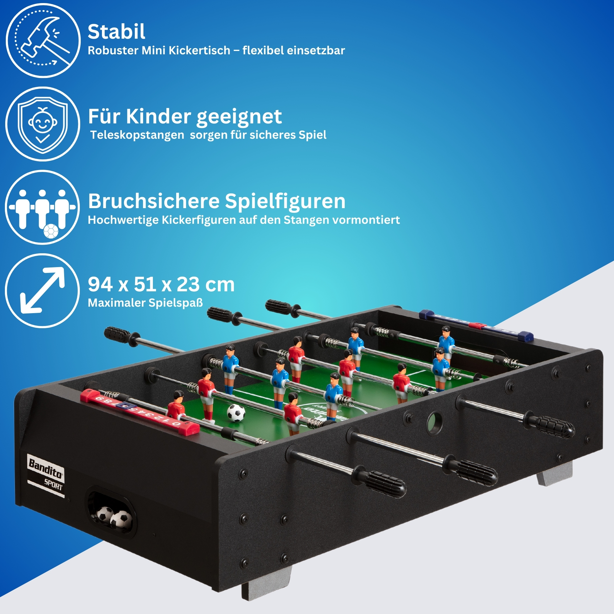 Bandito - Mini-Kicker mit Teleskopstangen Tischaufleger 94 x 51 x 23 cm schwarz – Bild 5