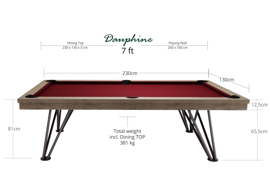 Billardtisch, Pool, Rasson Dauphine, gebeizte Eiche, 7 ft., Simonis 760 rot