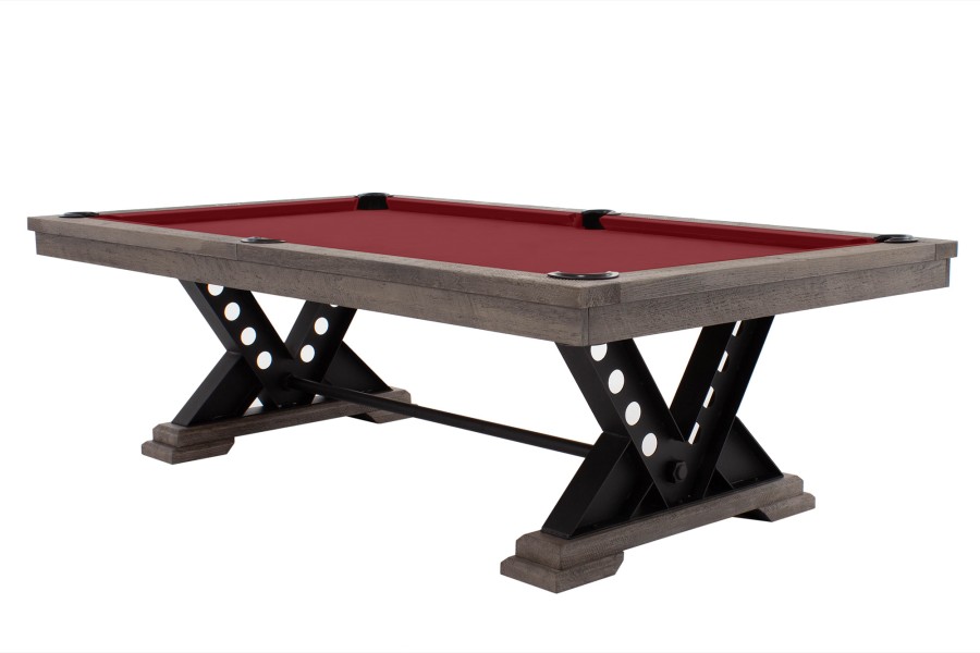 Billardtisch / Esstisch, Pool, Rasson Vienna, 8 ft. (Fuß), gebeiztes Holz mit Grauton-Trübung, Simonis 860 burgund