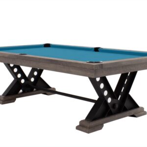 Billardtisch / Esstisch, Pool, Rasson Vienna, 8 ft. (Fuß), gebeiztes Holz mit Grauton-Trübung, Simonis 760 elektrikblau