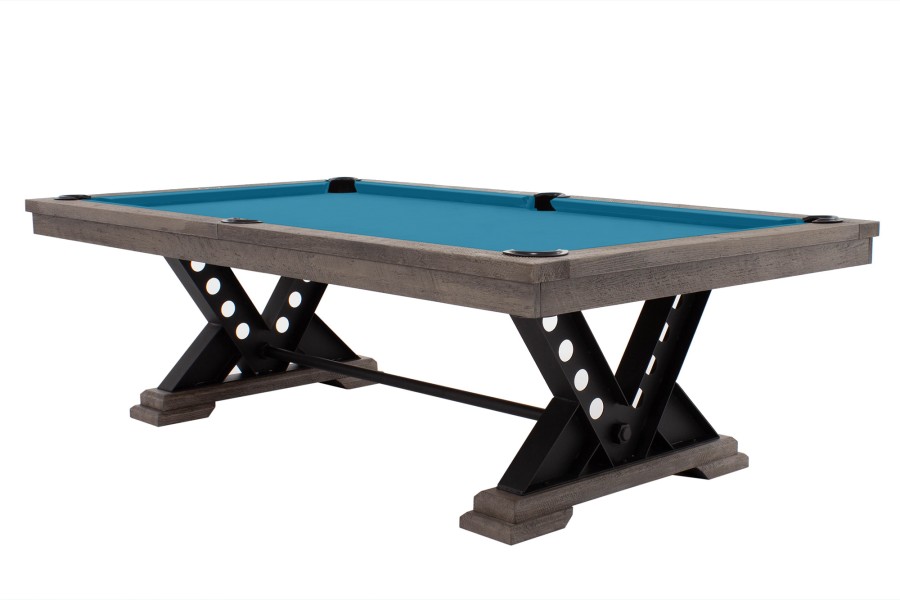 Billardtisch / Esstisch, Pool, Rasson Vienna, 8 ft. (Fuß), gebeiztes Holz mit Grauton-Trübung, Clubtuch elektrikblau