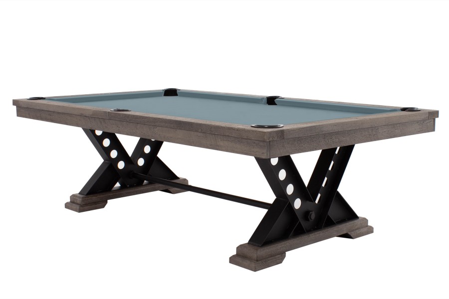 Billardtisch / Esstisch, Pool, Rasson Vienna, 8 ft. (Fuß), gebeiztes Holz mit Grauton-Trübung, Simonis 860 puderblau