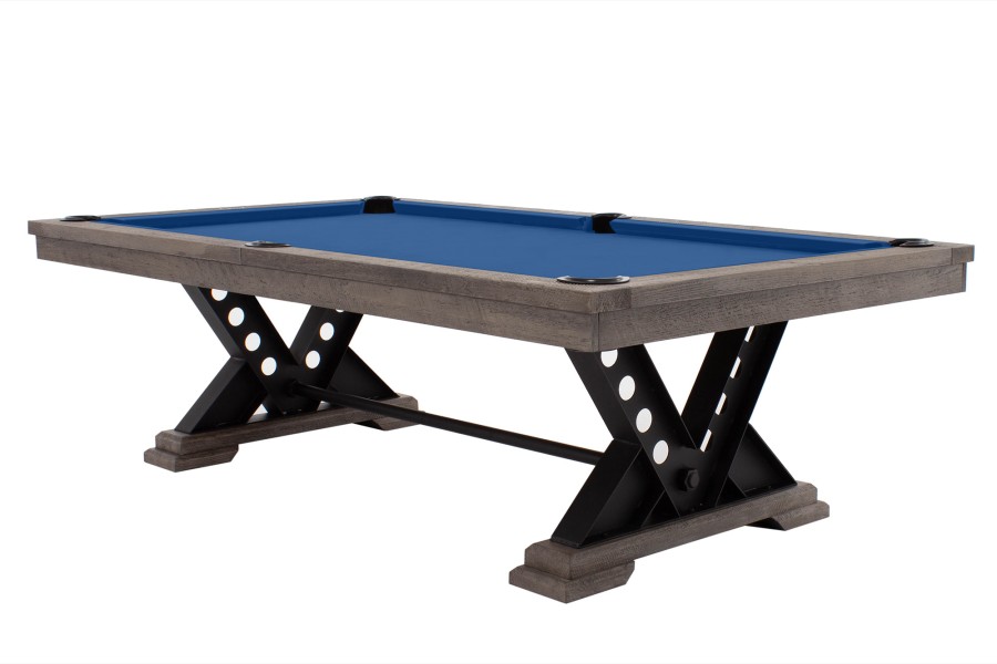 Billardtisch / Esstisch, Pool, Rasson Vienna, 8 ft. (Fuß), gebeiztes Holz mit Grauton-Trübung, Simonis 860 royalblau