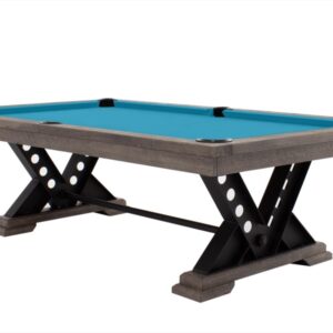 Billardtisch / Esstisch, Pool, Rasson Vienna, 8 ft. (Fuß), gebeiztes Holz mit Grauton-Trübung, Simonis 860 turnierblau