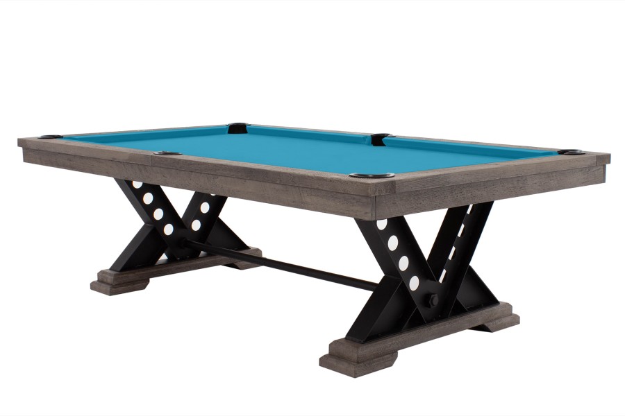 Billardtisch / Esstisch, Pool, Rasson Vienna, 8 ft. (Fuß), gebeiztes Holz mit Grauton-Trübung, Simonis 860 turnierblau