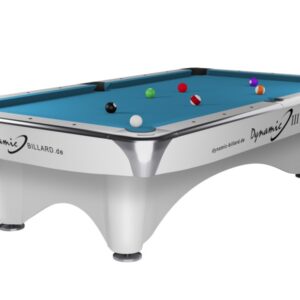 Billardtisch, Pool, Dynamic III, glänzend-weiß, gebraucht, 9 ft. (Fuß), Simonis 760 turnierblau