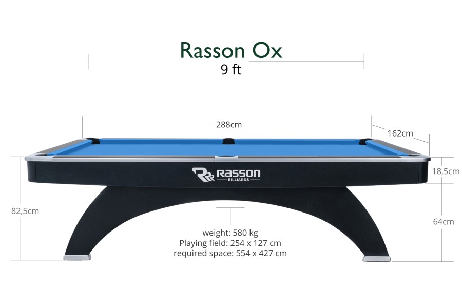 Billardtisch, Pool, Rasson Ox, 9 ft. (Fuß), schwarz, MATCHROOM Taschenmaß, Simonis 760 gelbgrün – Bild 2