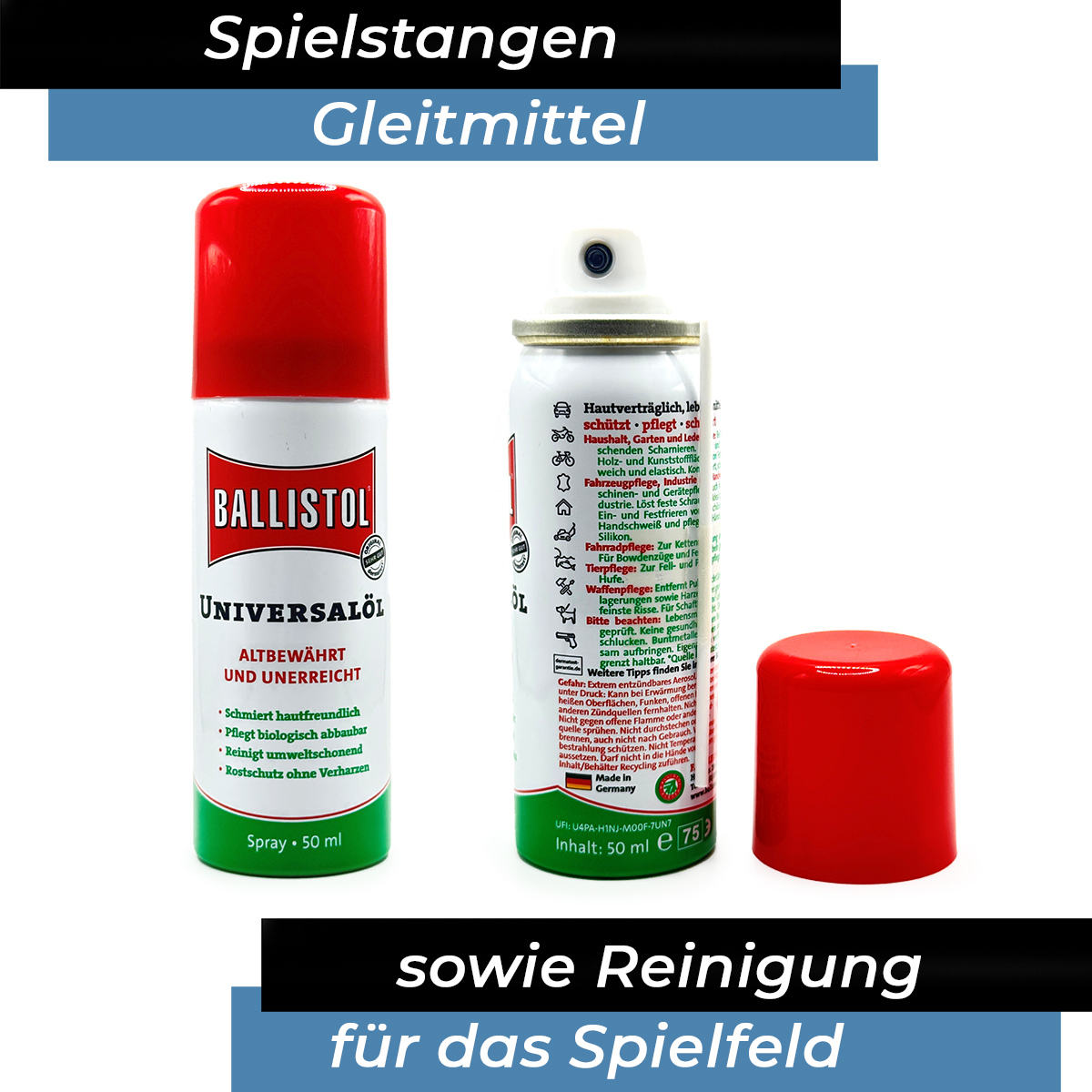 Ballistol Gleitspray für alle Kickerstangen inkl. Mikrofasertuch – Bild 2