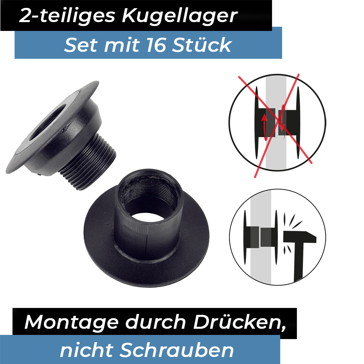 Bandito - Kugellager Universal für 16 mm Kickerstange Seitenwände 37 - 43 mm Tischset (16 St.) – Bild 2