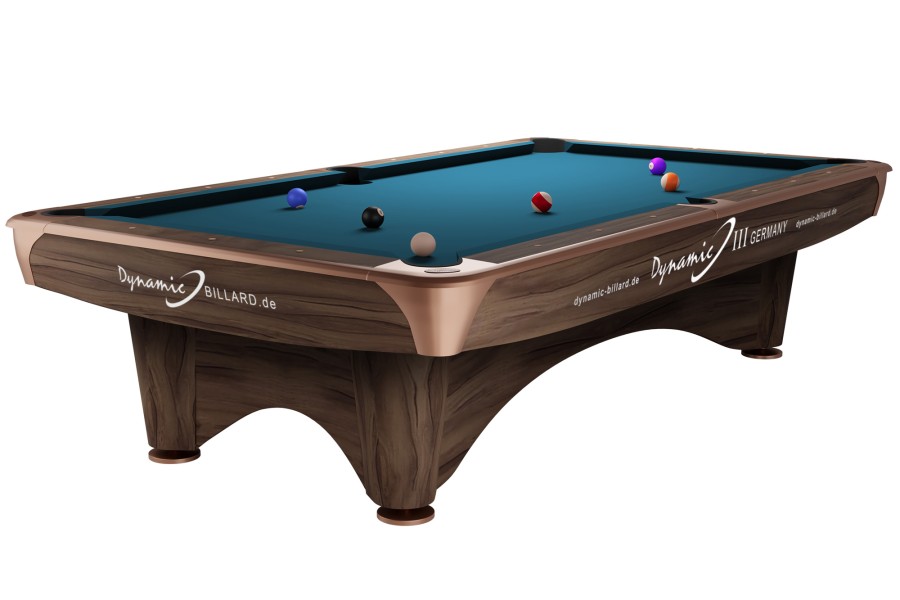 Billardtisch, Pool, Dynamic III, 9 ft. (Fuß), modern-braun, gebraucht, Simonis 760 elektrikblau