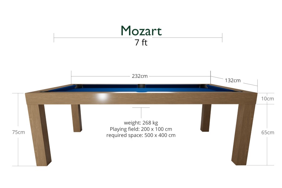 Billardtisch / Esstisch, Pool, Mozart, 7 ft. (Fuß), eiche, Clubtuch gelbgrün – Bild 6